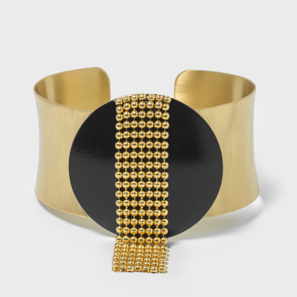 Katerina Vassou Gold Cuff Bracelet With Black Disc & Chainmail