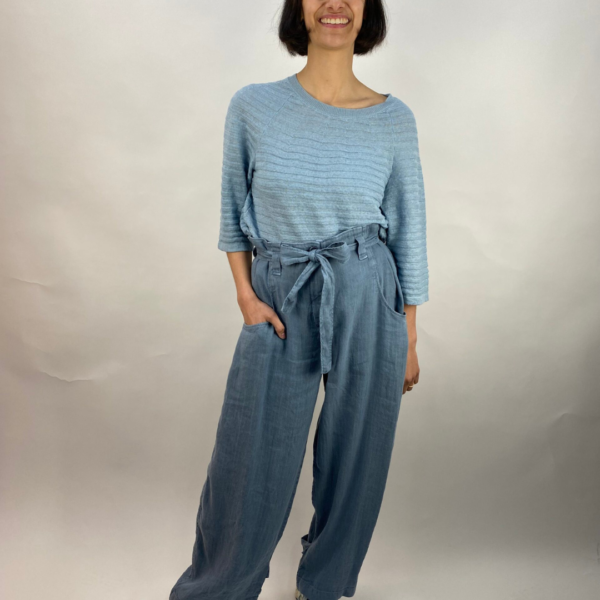 OSKA Air Pinstripe Linen Trousers in Ocean Blue