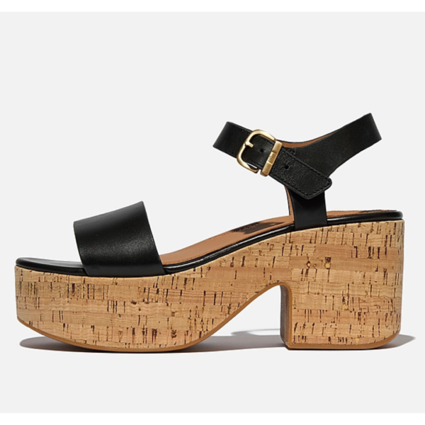 Fitflop Platform Leather/Cork Heeled Ankle-Strap Sandals Black