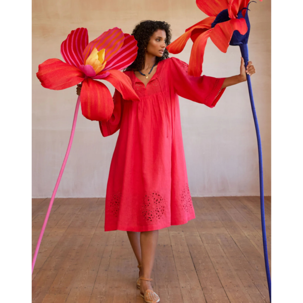 Sahara Embroidered Schiffli Linen Dress in Hibiscus