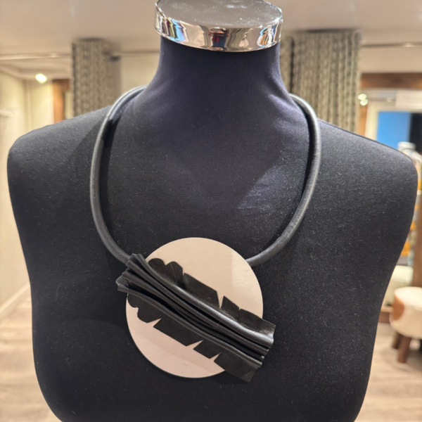 Naya Disc Necklace With Suede Feather Trim in Black/Silver