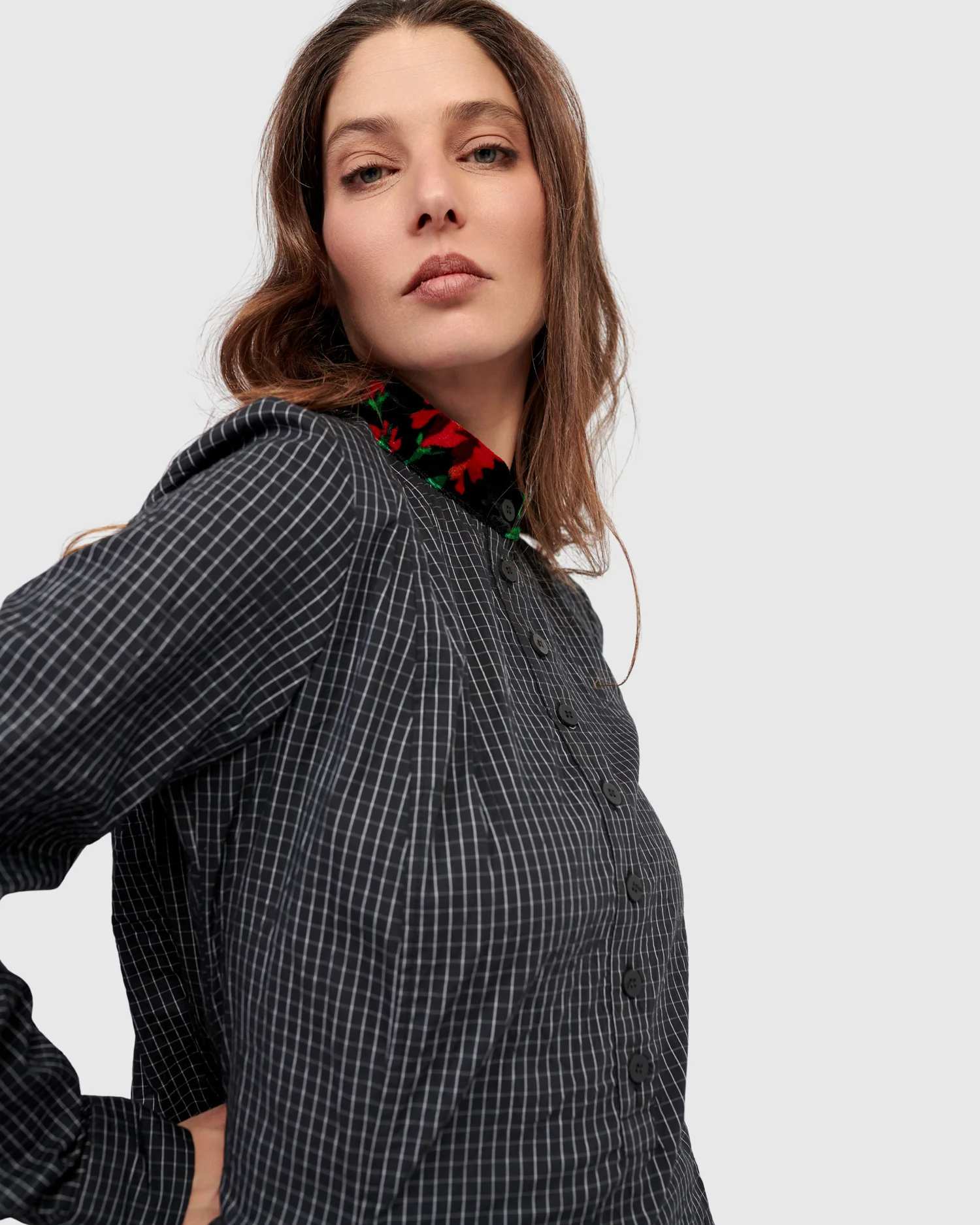 Alembika Tunic Pinstripe Grid With Velvet Print Collar - Image 8