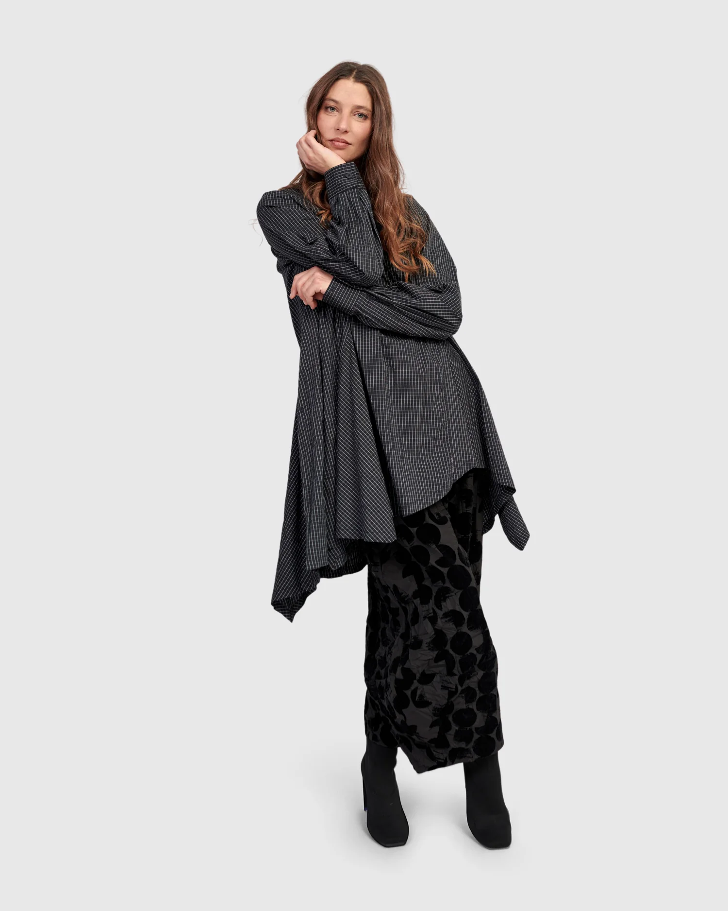 Alembika Tunic Pinstripe Grid With Velvet Print Collar - Image 3