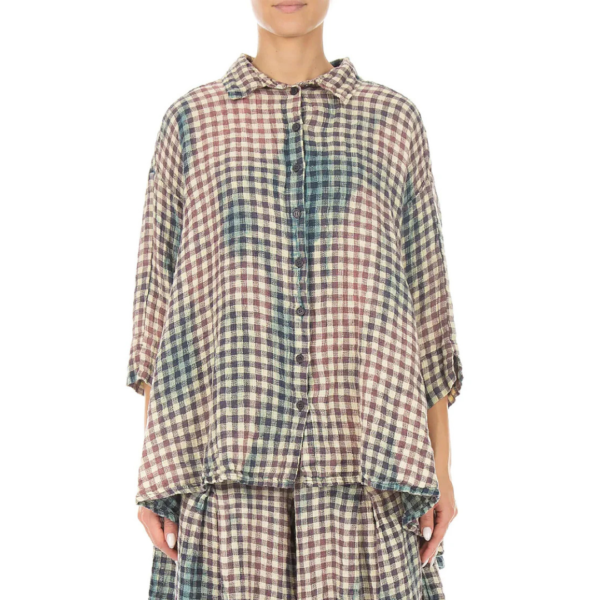Grizas Linen Checked Shirt In Stone/Blue/Plum