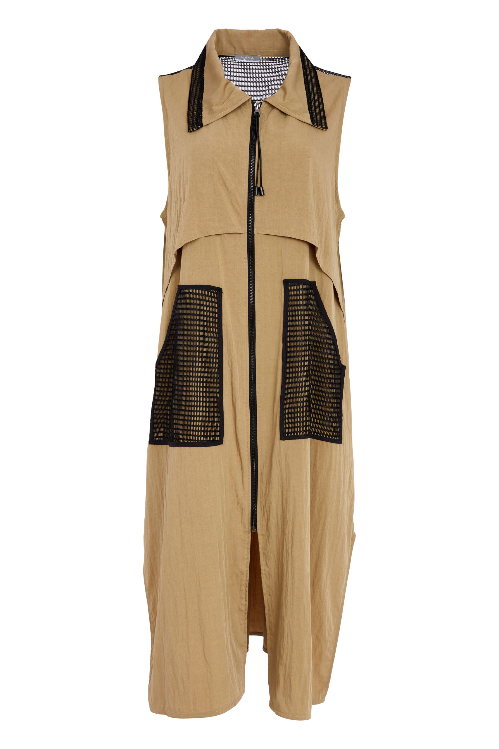 Naya Zipped Longline Coat In Tan And Black - Image 2