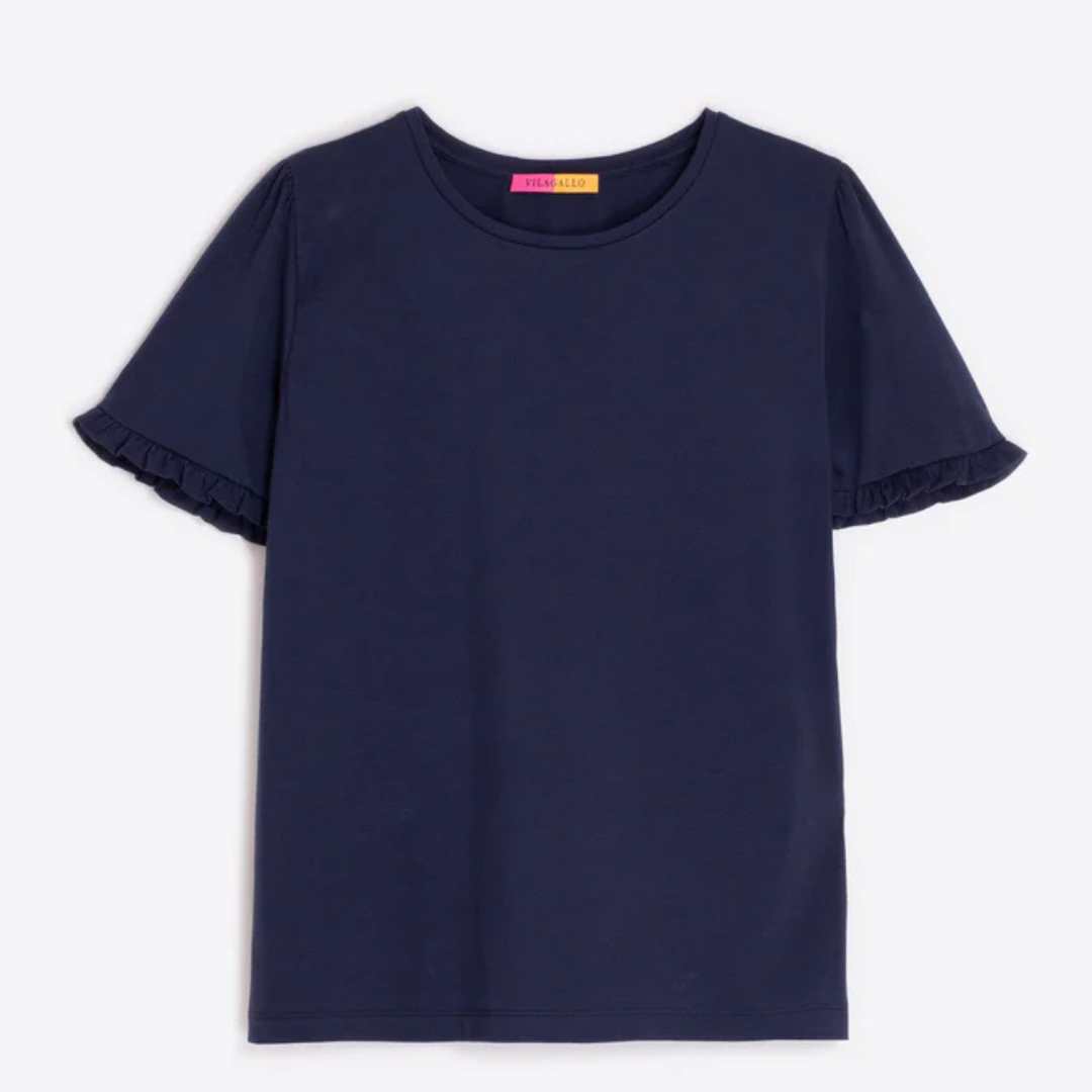Vilagallo Navy T Shirt With Frill Sleeve
