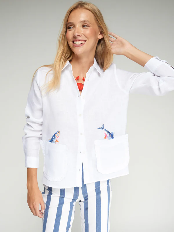Vilagallo Linen Shirt With Fish Motif In White - Image 3