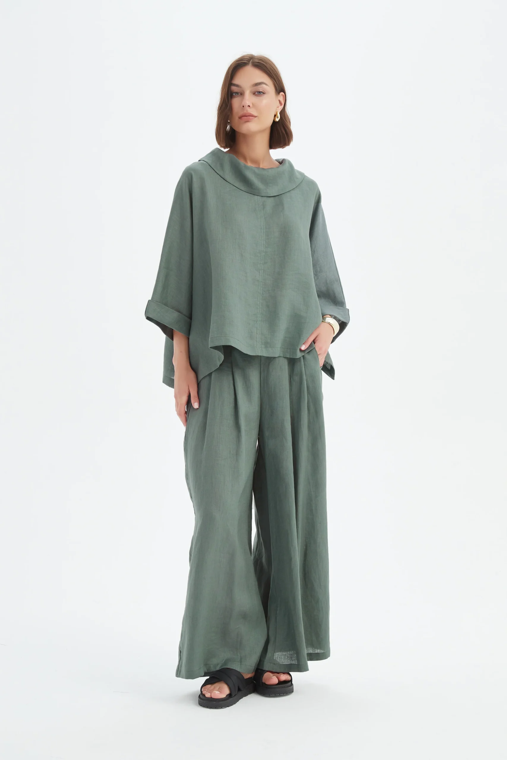 Tirelli Funnel Neck Boxy Linen Top In Petrol - Image 4