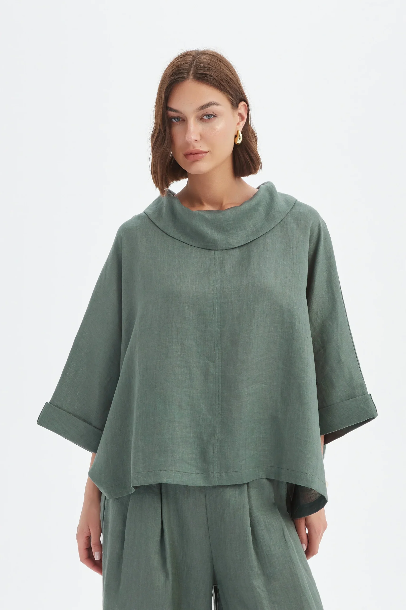 Tirelli Funnel Neck Boxy Linen Top In Petrol - Image 2