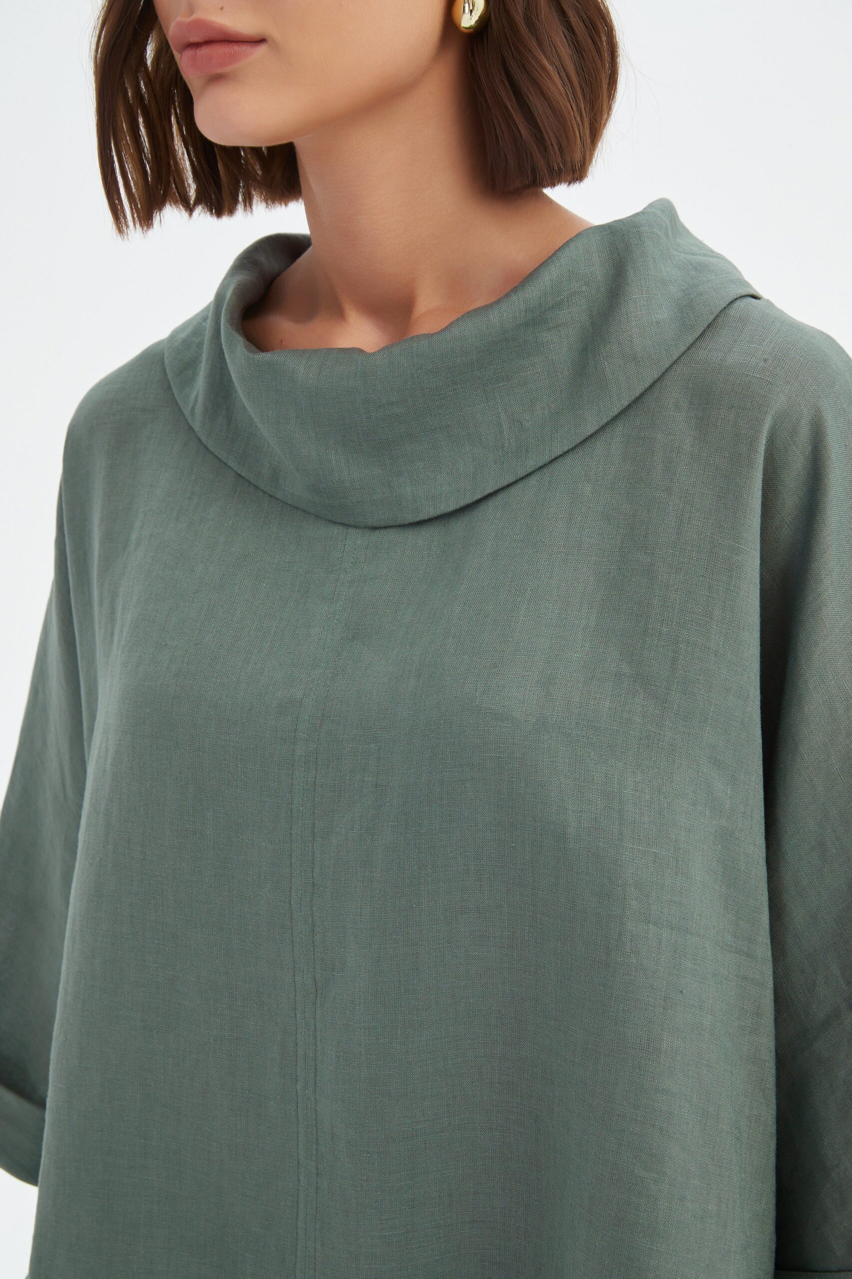 Tirelli Funnel Neck Boxy Linen Top In Petrol - Image 3