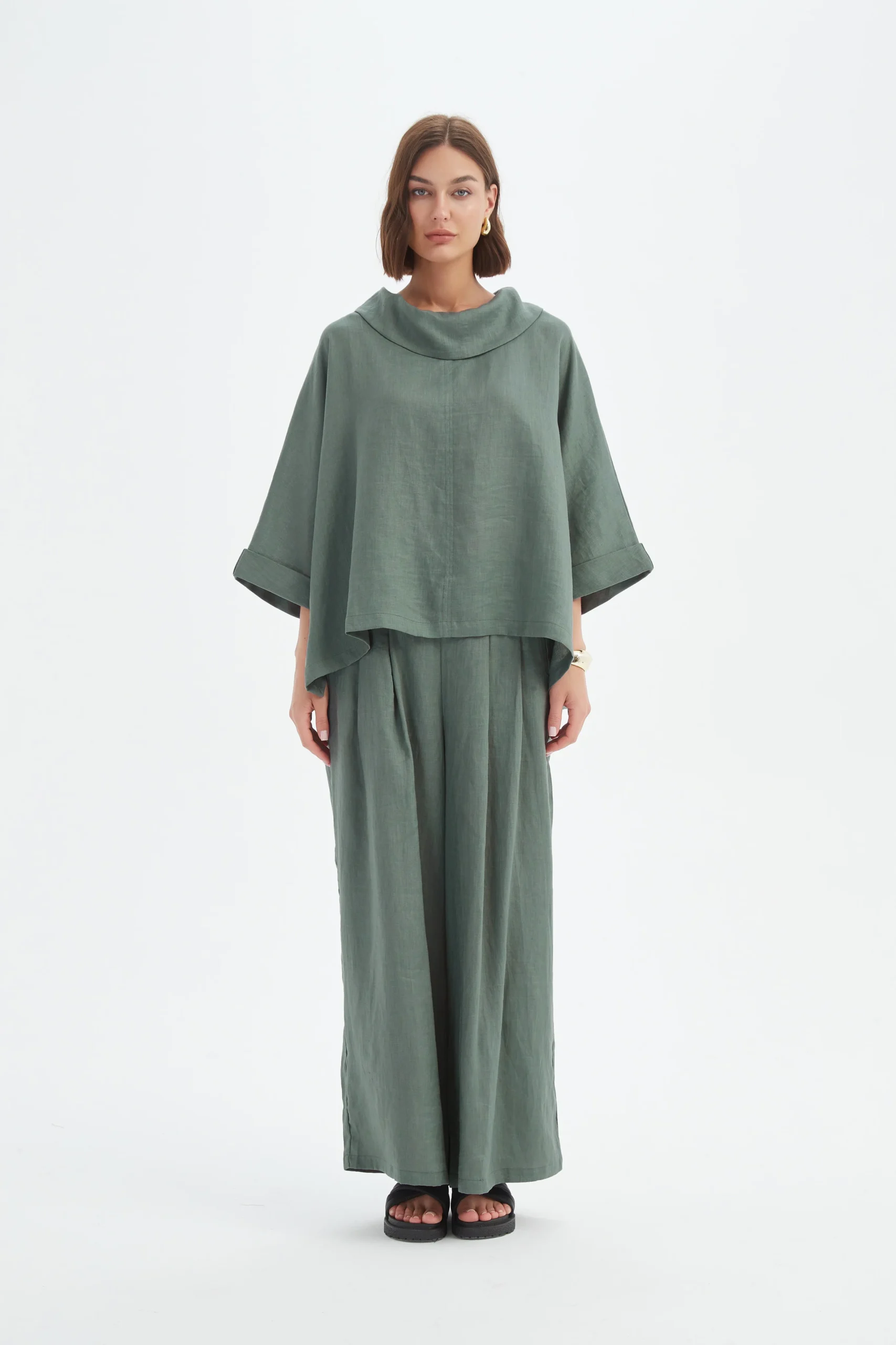 Tirelli Funnel Neck Boxy Linen Top In Petrol - Image 5