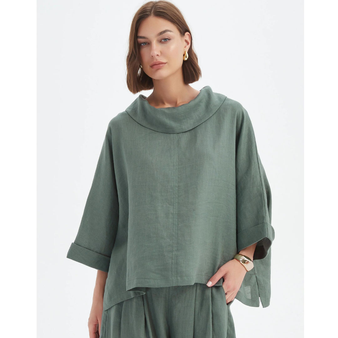 Tirelli Funnel Neck Boxy Linen Top In Petrol