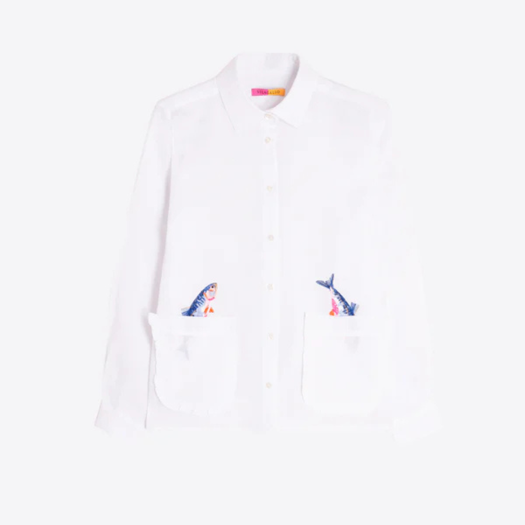 Vilagallo Linen Shirt With Fish Motif In White - Image 2