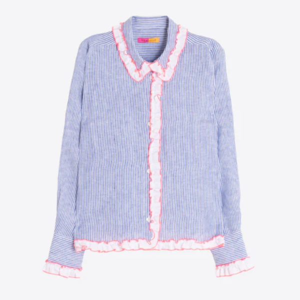 Vilagallo Linen Striped Shirt In Blue And White with Pink Ruffles